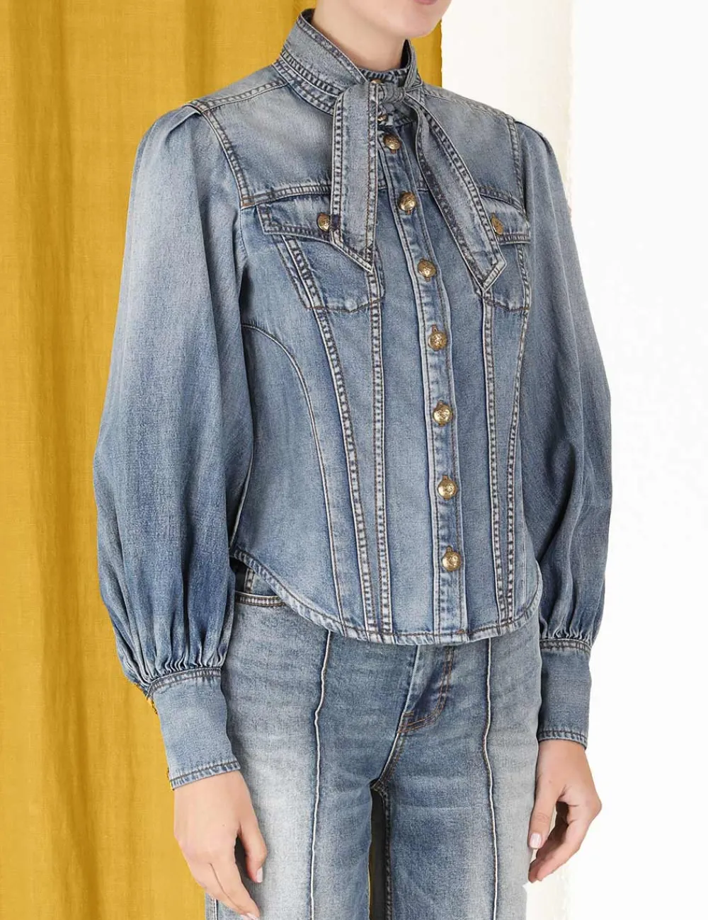 ZIMMERMANN Luminosity Denim Corset Shirt-Women Clothing