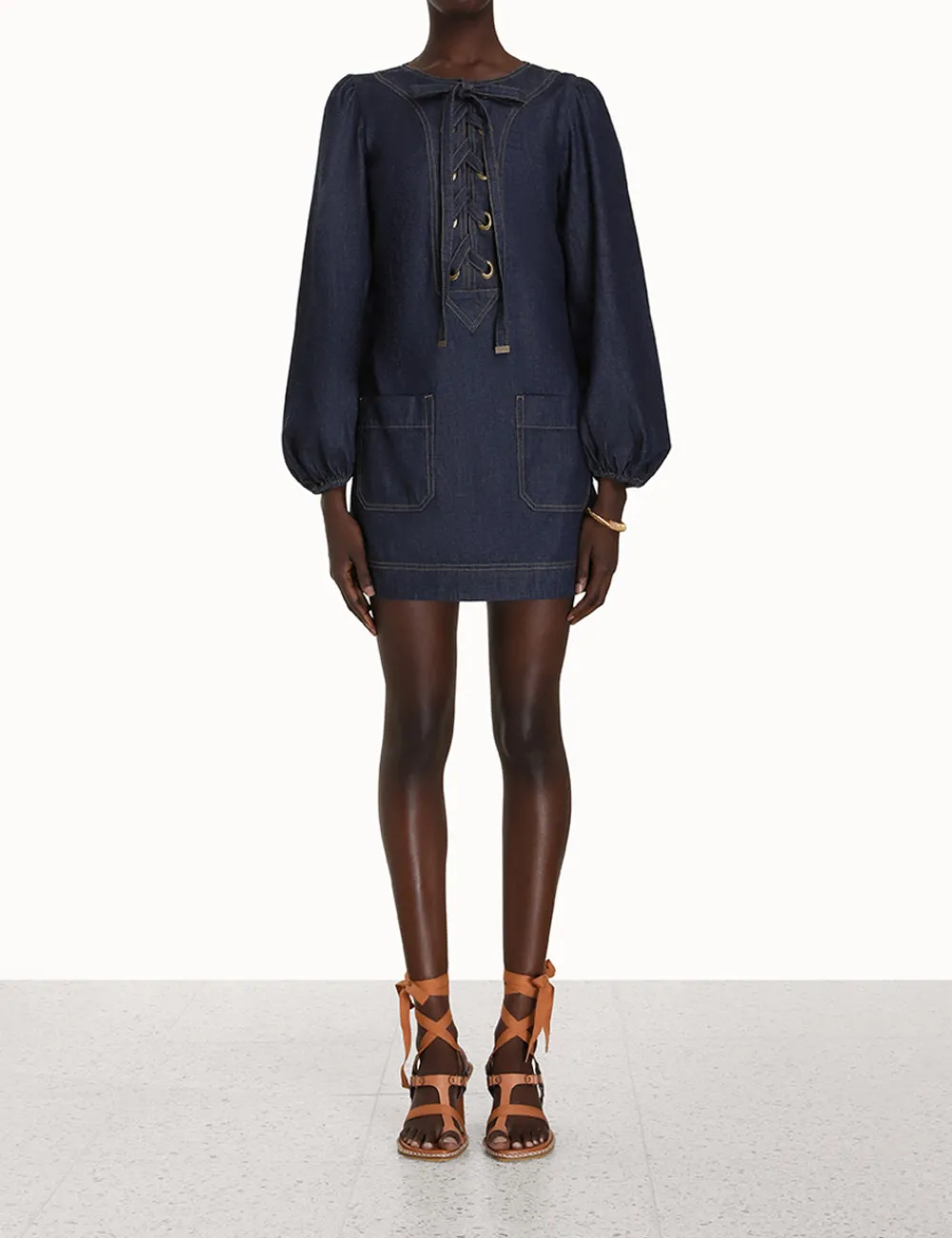 ZIMMERMANN Devi Lace Up Tunic Dress-Women In Denim