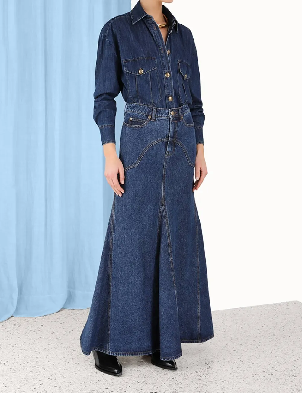 ZIMMERMANN Luminosity Denim Maxi Skirt-Women Clothing