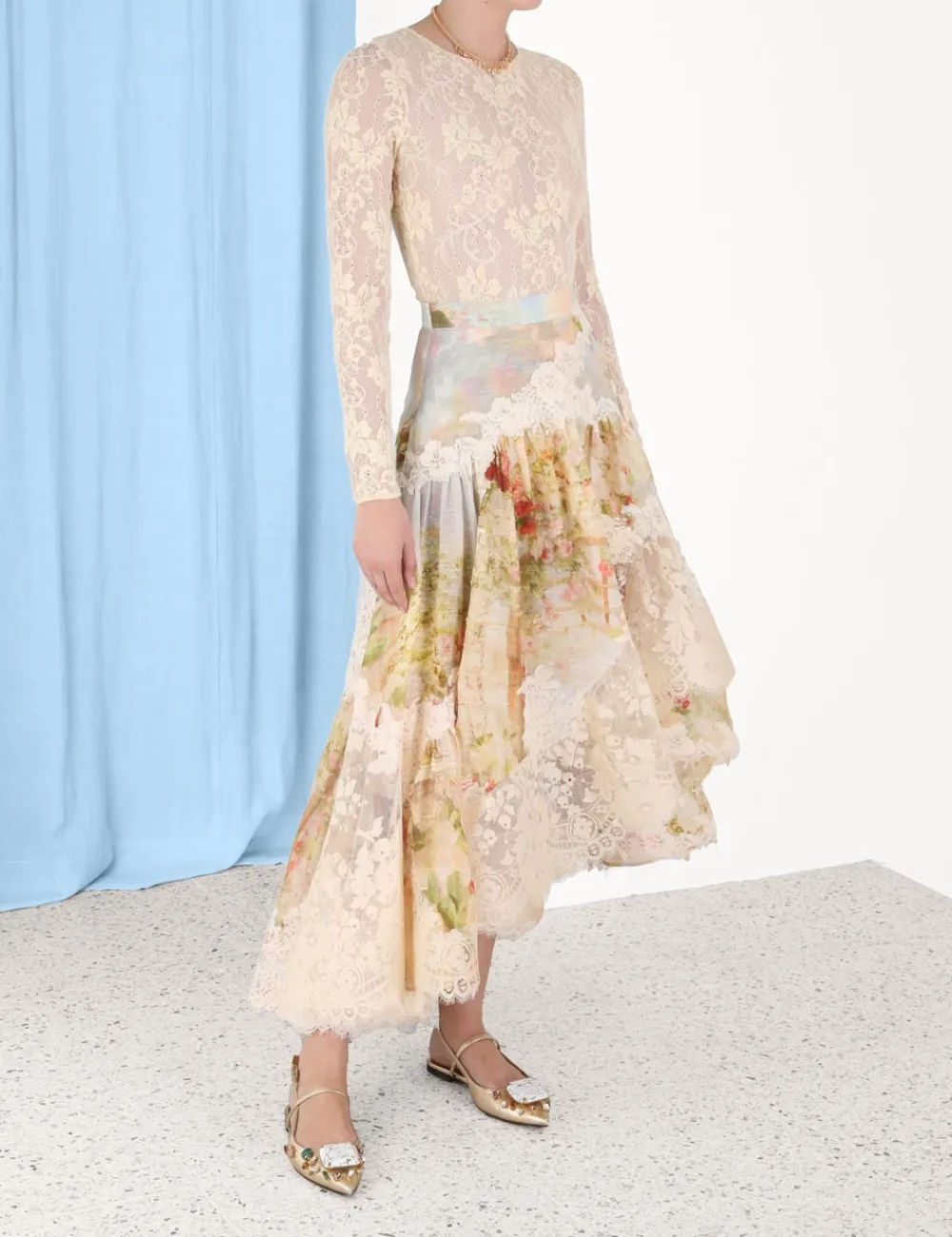 ZIMMERMANN Luminosity Lace Spliced Skirt-Women Clothing