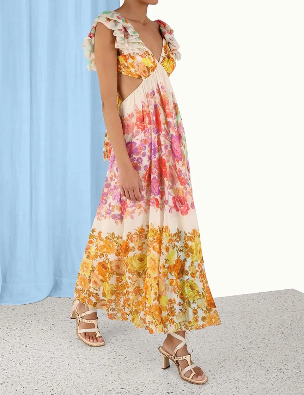 ZIMMERMANN Raie Frill Shoulder Midi Dress-Women Clothing