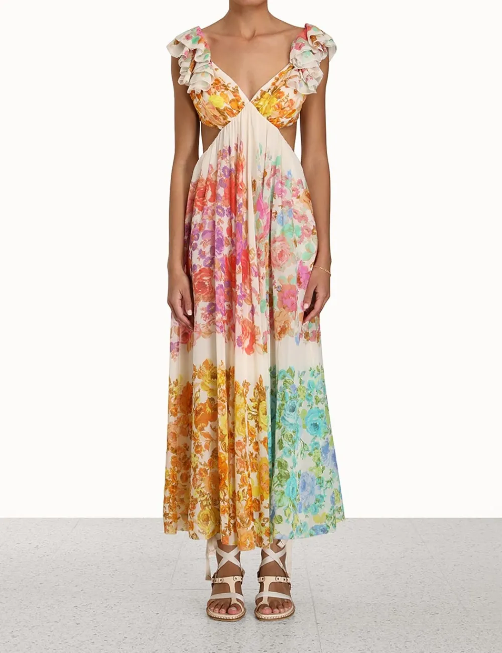 ZIMMERMANN Raie Frill Shoulder Midi Dress-Women Clothing