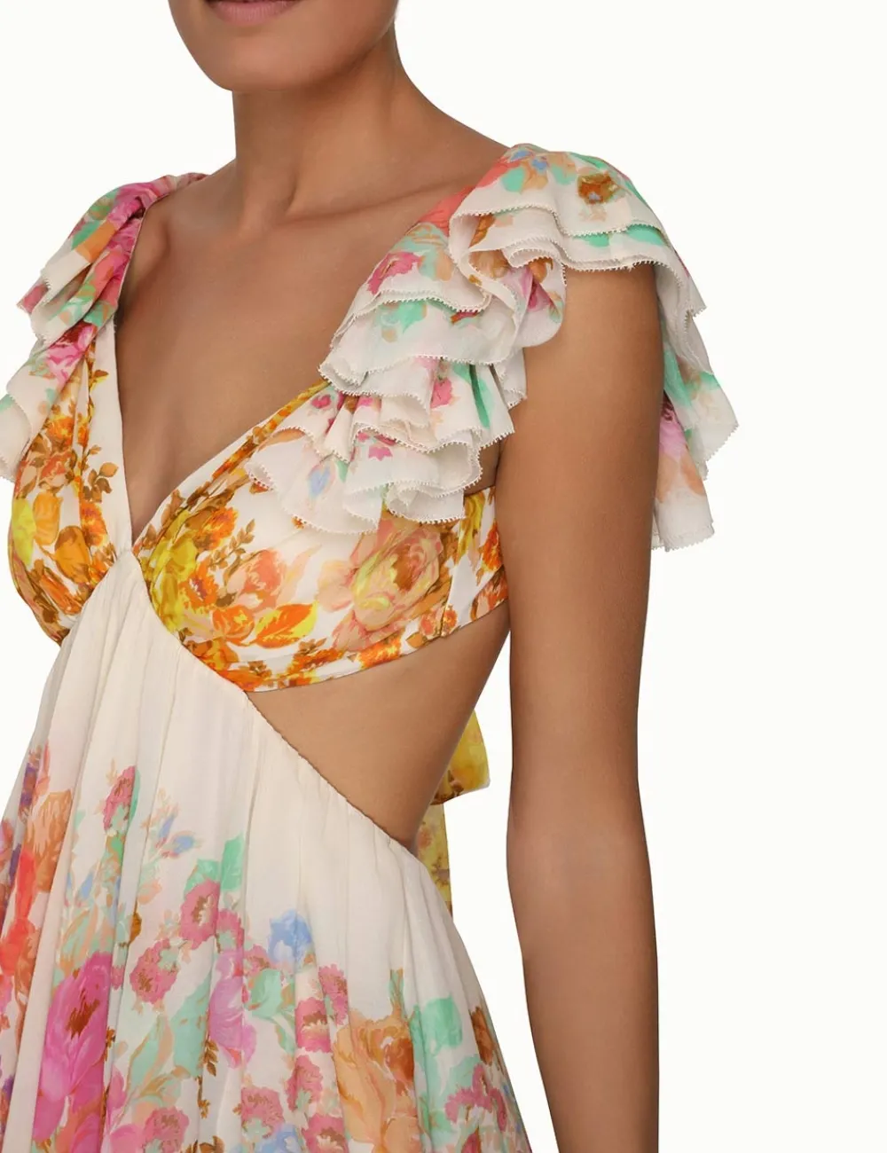 ZIMMERMANN Raie Frill Shoulder Midi Dress-Women Clothing